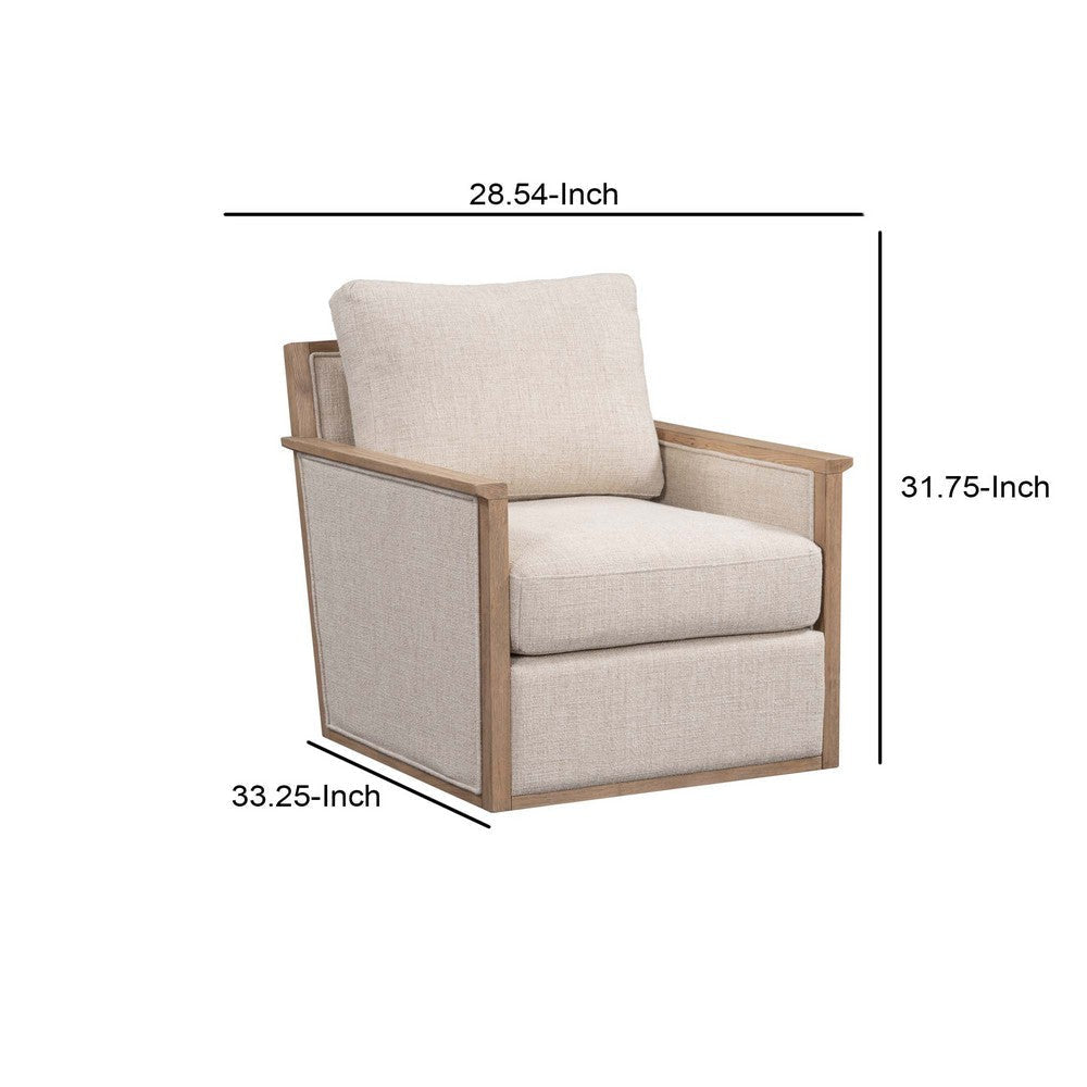 Nurvi 33 Inch Swivel Accent Chair Soft White Polyester Brown Ash Wood By Casagear Home BM312463