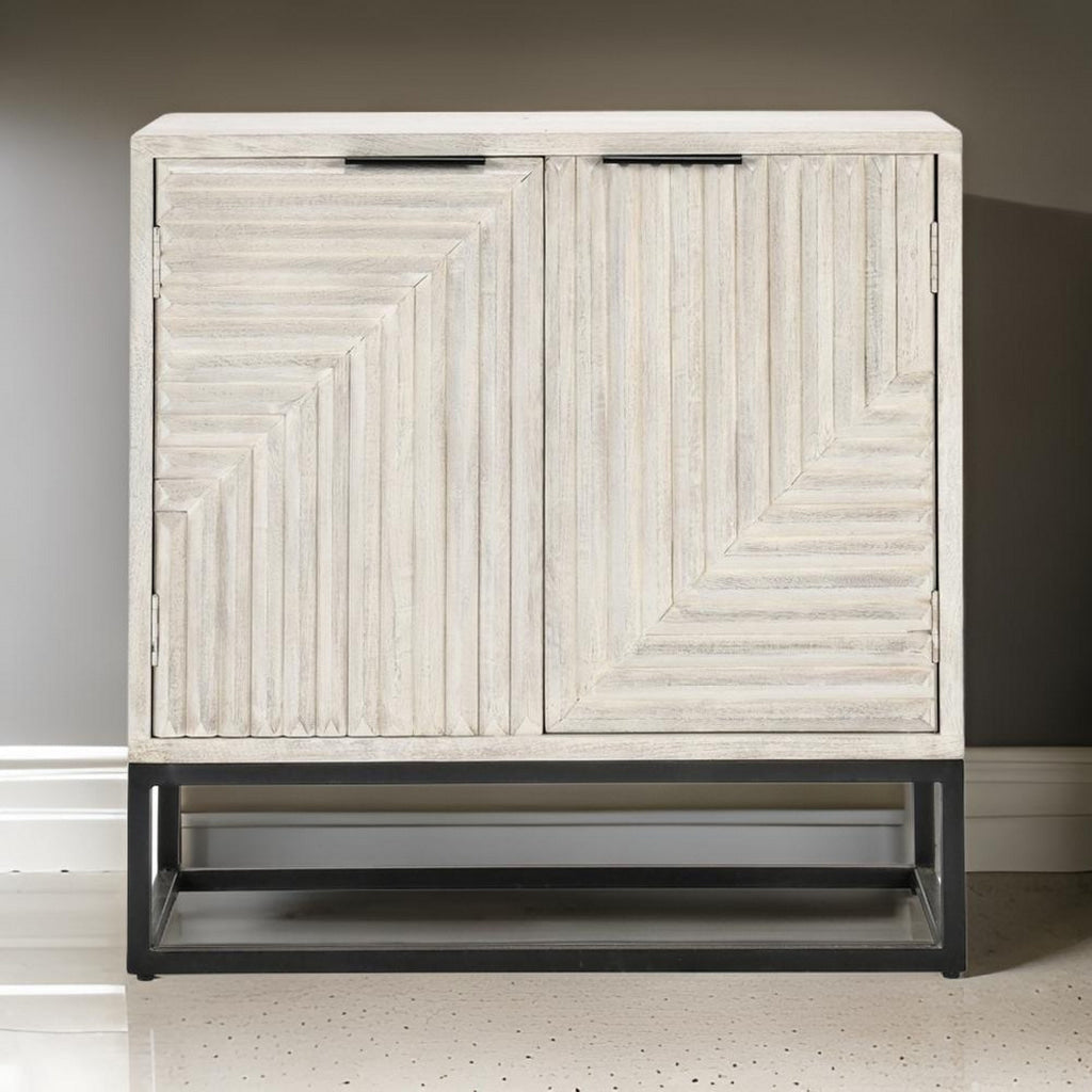 36 Inch Sideboard Cabinet Console White Mango Wood 2 Doors Black Iron By Casagear Home BM312467