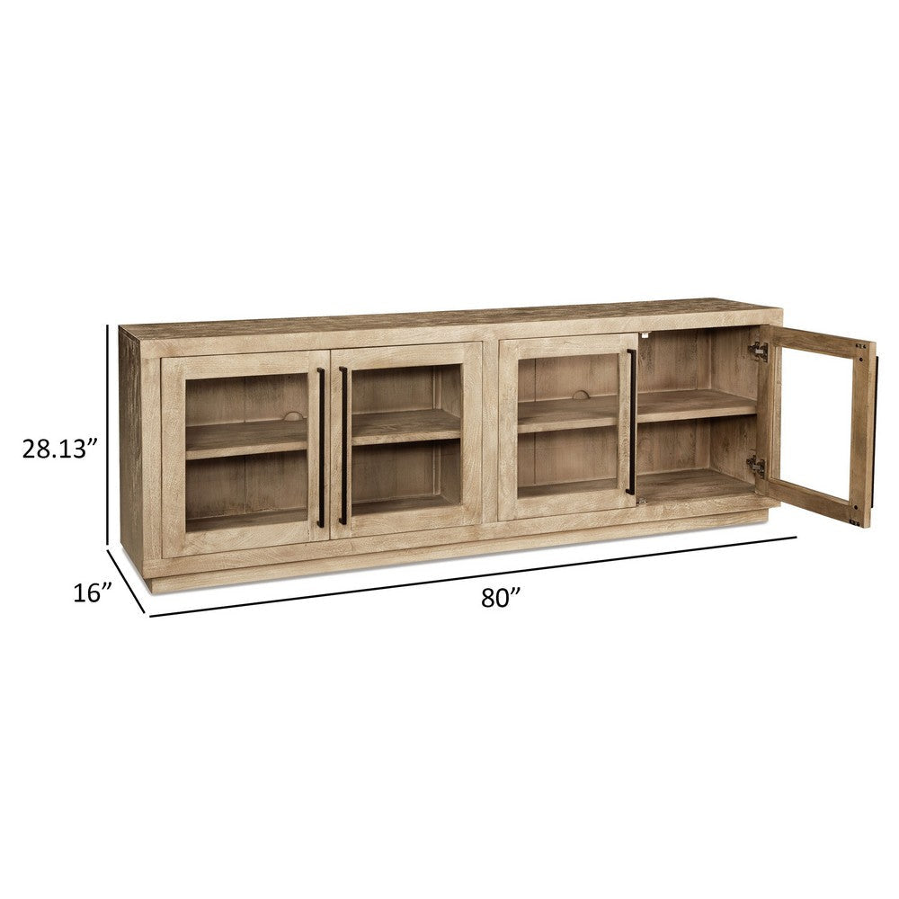 80 Inch Sideboard Accent Cabinet 4 Glass Doors 2 Shelves Washed Brown By Casagear Home BM312477