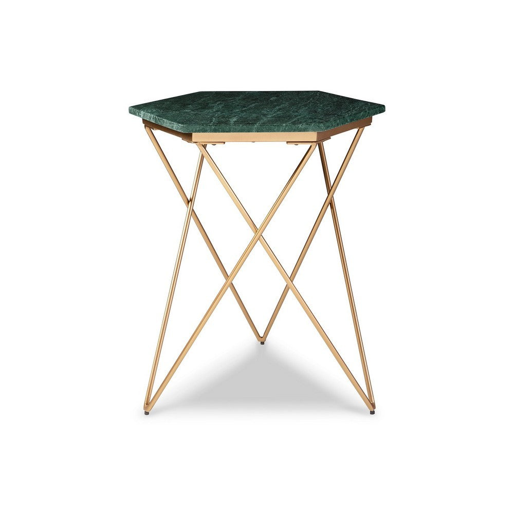 24 Inch Accent End Table Green Hexagon Marble Top Gold Metal Base By Casagear Home BM312481