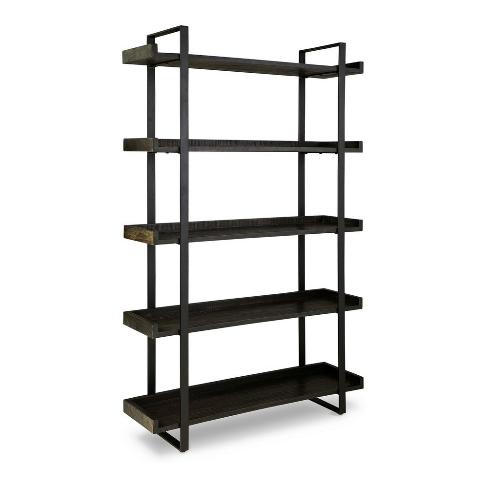 Franz 78 Inch Bookcase 5 Display Shelves Black Metal Bracket Brown Wood By Casagear Home BM312482