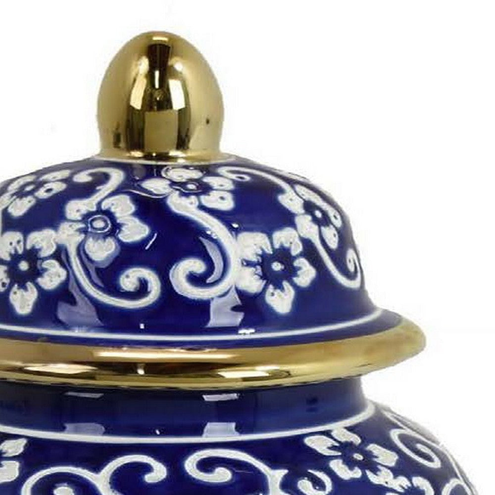 18 Inch Temple Jar Blue Floral Print with Removable Lid White Gold By Casagear Home BM312484