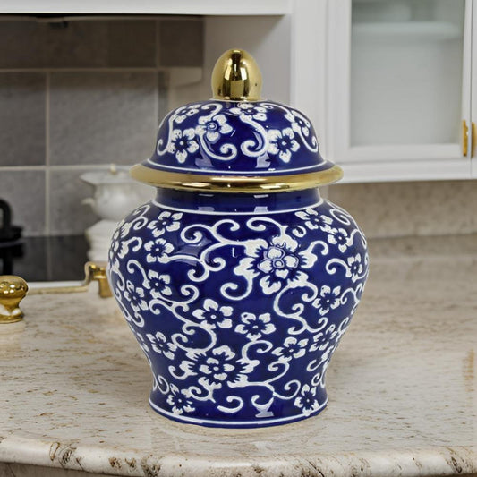 18 Inch Temple Jar Blue Floral Print with Removable Lid White Gold By Casagear Home BM312484