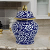 18 Inch Temple Jar, Blue Floral Print with Removable Lid, White, Gold By Casagear Home