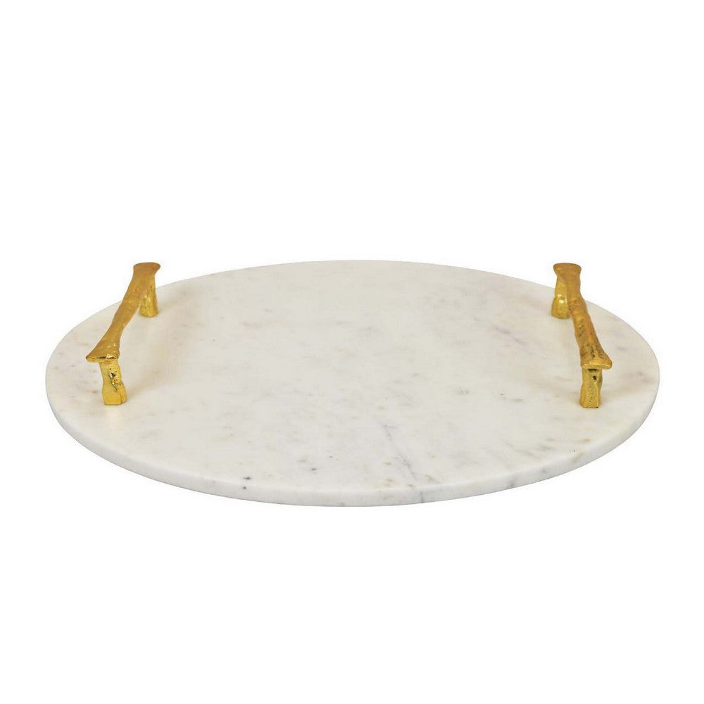 14 Inch Decorative Serving Tray Gold Handles Square White Marble Finish By Casagear Home BM312494