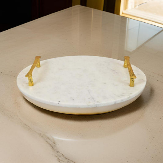 14 Inch Decorative Serving Tray, Gold Handles, Square, White Marble Finish By Casagear Home