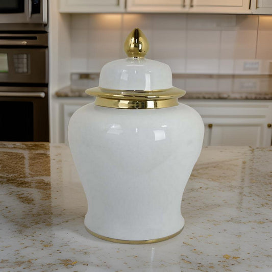24 Inch Decorative Temple Jar with Gold Accents, Ceramic, White Finish By Casagear Home