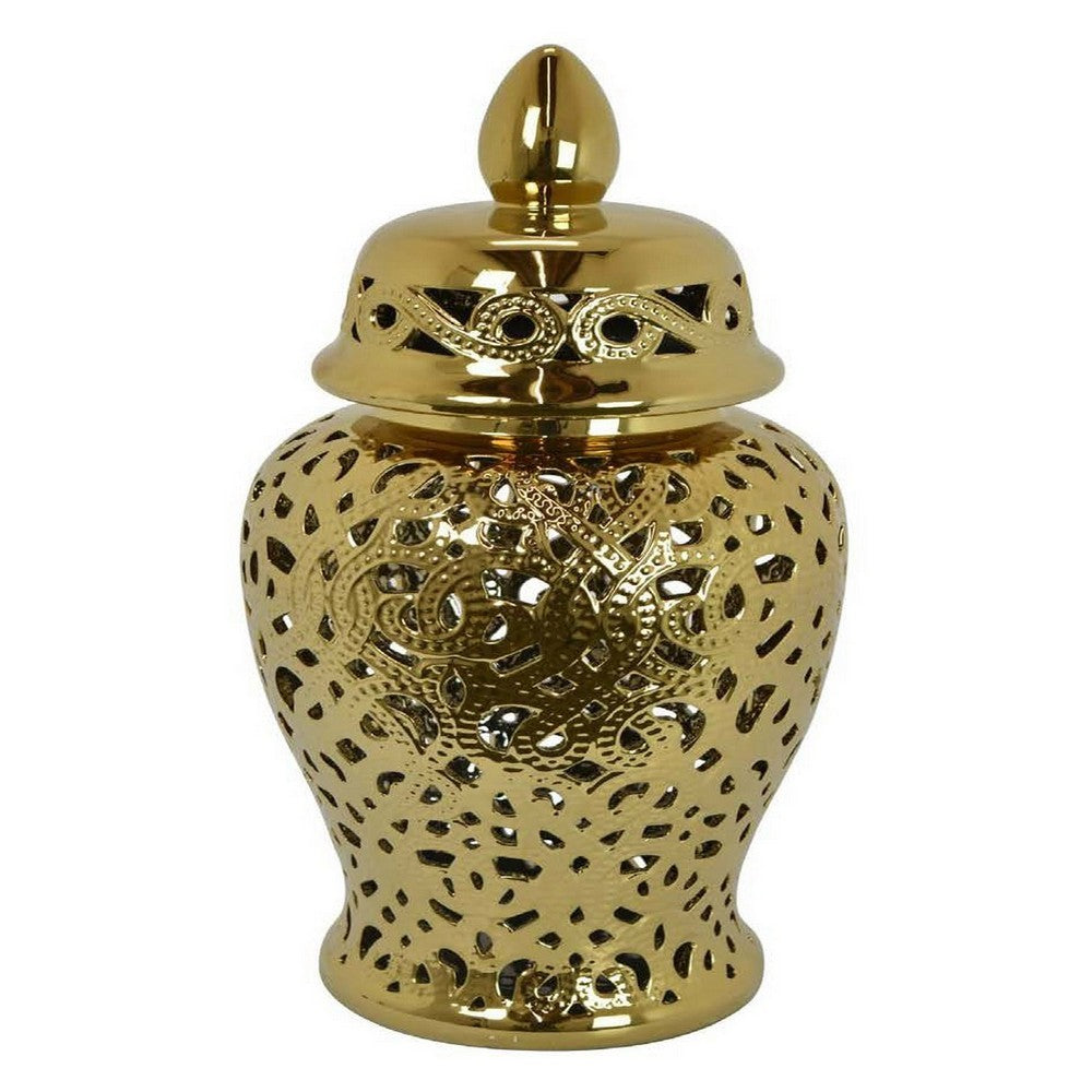 24 Inch Decorative Temple Jar Pierced Details Dome Lid Gold Ceramic By Casagear Home BM312504