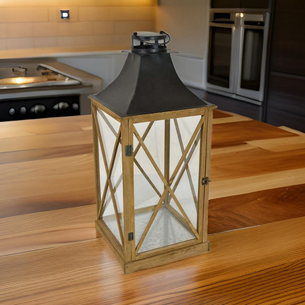 29 Inch Lantern Tabletop Decor Glass Panels Brown Wood Black Metal By Casagear Home BM312508