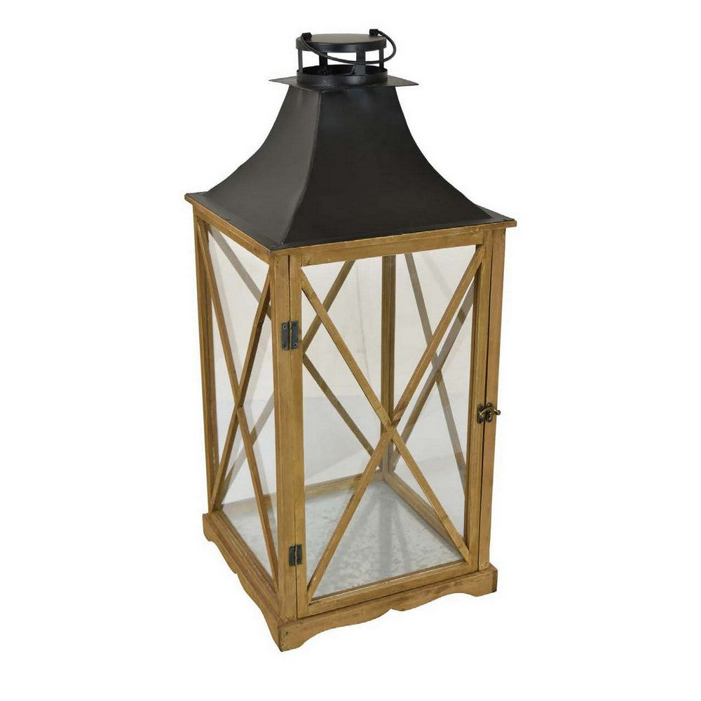 29 Inch Lantern Tabletop Decor Glass Panels Brown Wood Black Metal By Casagear Home BM312508