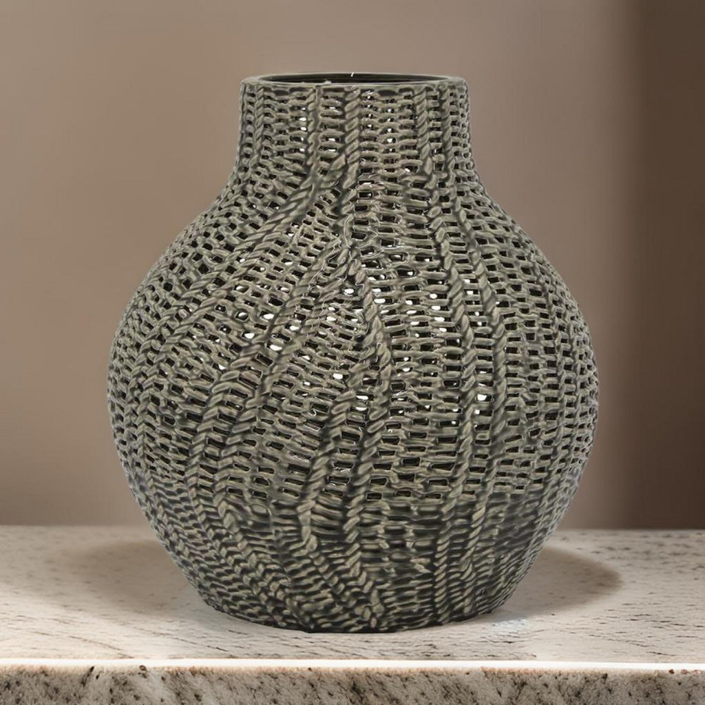 20 Inch Accent Vase with Mesh Like Design Round Gray Ceramic Finish By Casagear Home BM312528