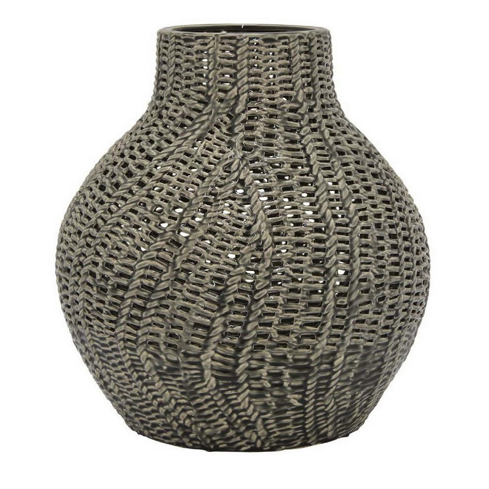 20 Inch Accent Vase with Mesh Like Design Round Gray Ceramic Finish By Casagear Home BM312528