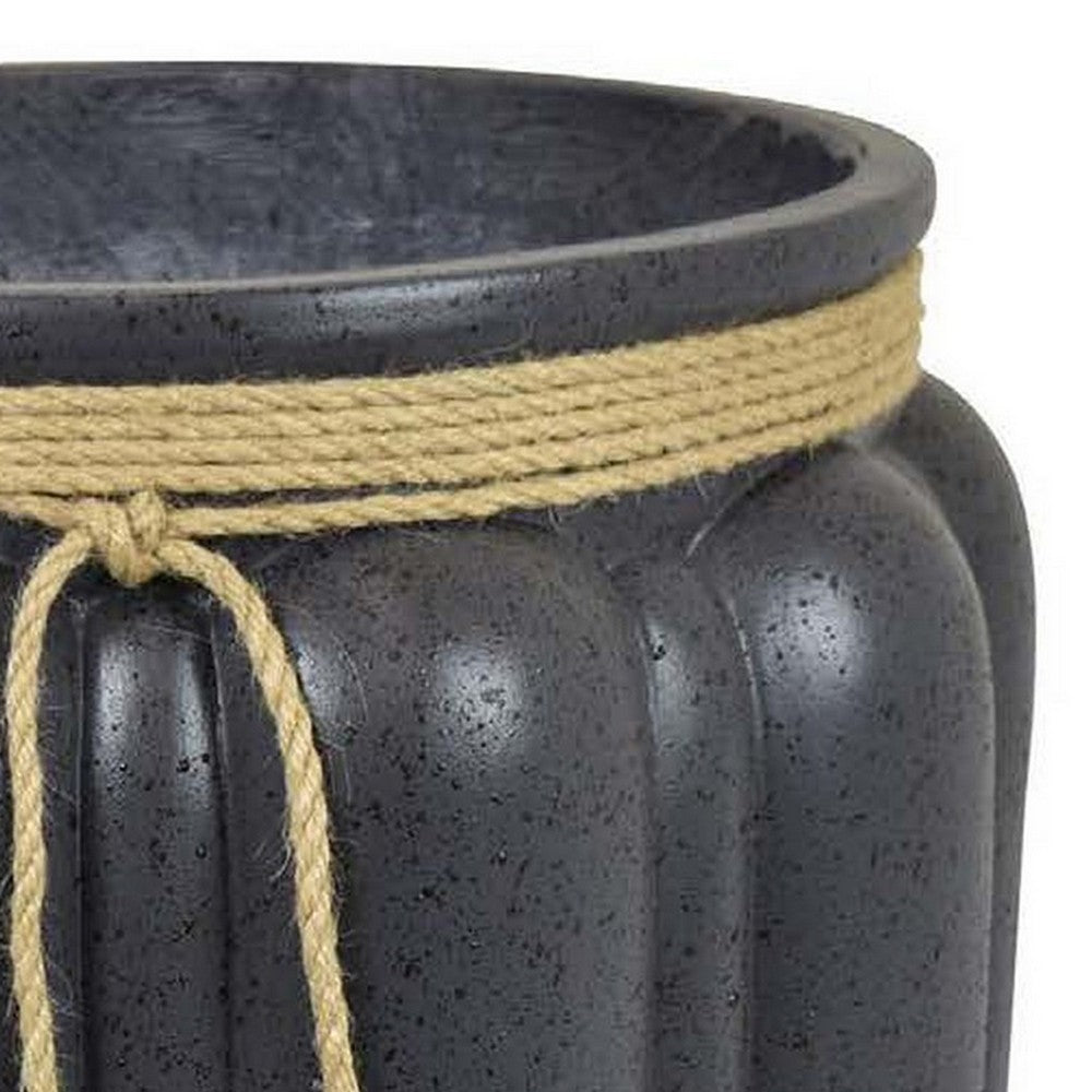 Rave 17 Inch Planter Pumpkin Like Shape and Rope Details Black Resin By Casagear Home BM312531