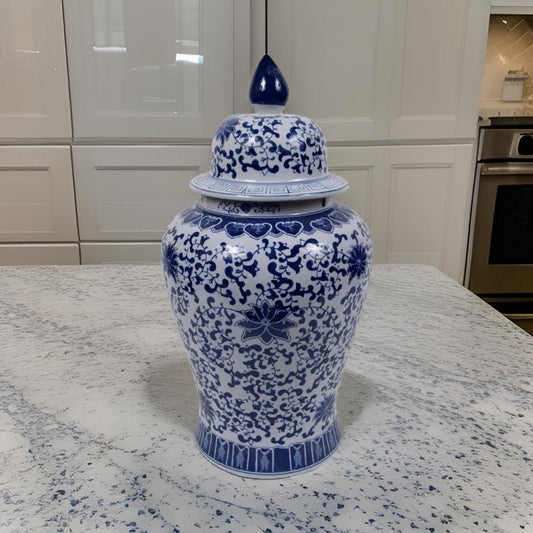 25 Inch Decorative Temple Jar with Floral Design, Ceramic, Blue and White By Casagear Home