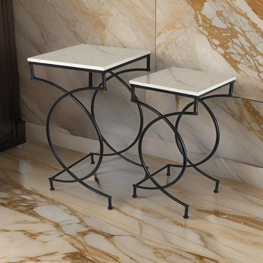 Set of 2 Plant Stand Tables, Square Marble Top, Geometric, Black Metal By Casagear Home