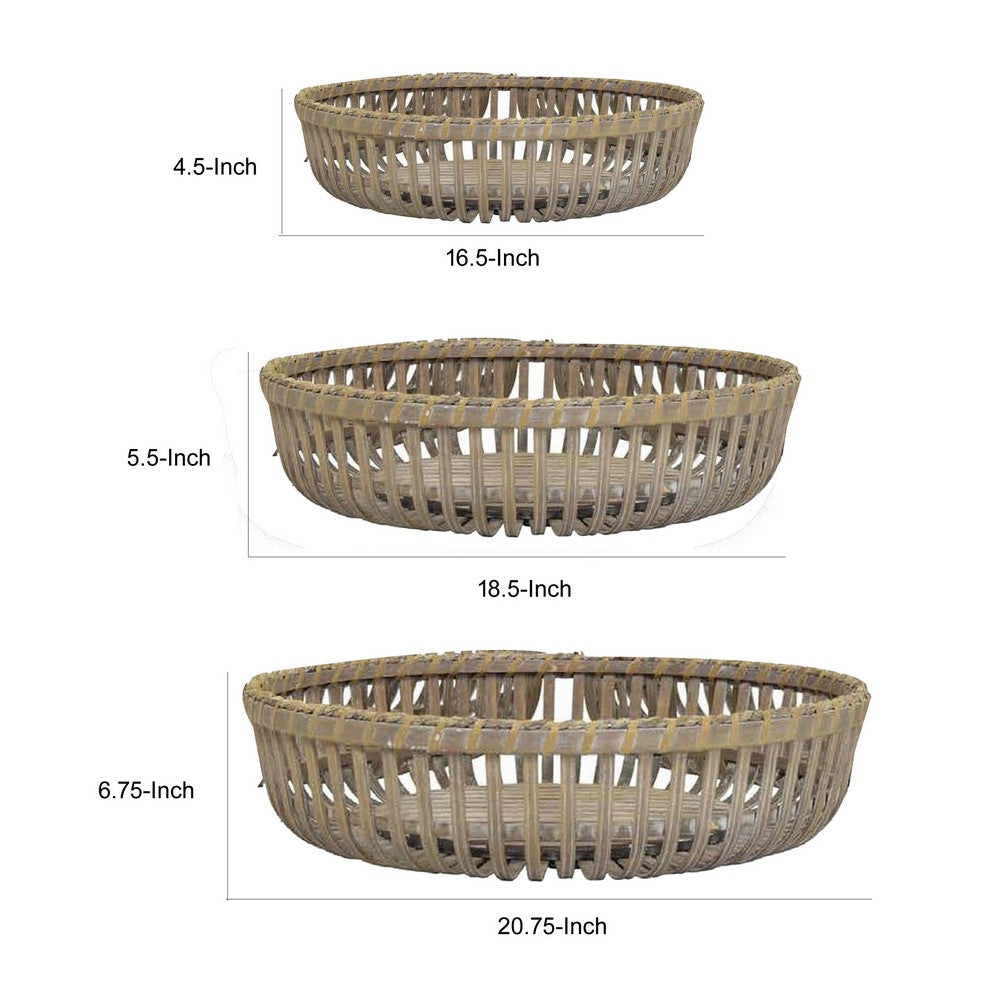 Set of 3 Decorative Baskets Varying Sizes Brown Natural Bamboo Fiber By Casagear Home BM312551