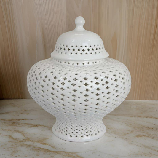 20 Inch Decorative Temple Jar, Carved Out Details, Dome Lid, White Ceramic By Casagear Home