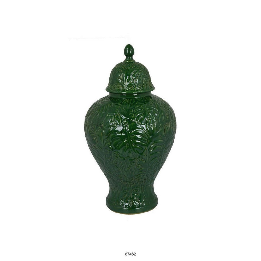 Aniea 18 Inch Accent Temple Jar Geometric Design Dome Lid Green Ceramic By Casagear Home BM312569