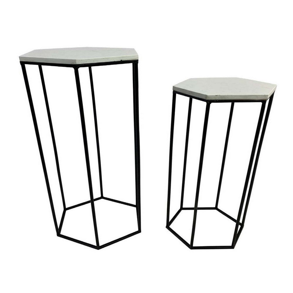 Set of 2 Plant Stand Tables Modern Hexagon Shape White Marble Top Black By Casagear Home BM312572