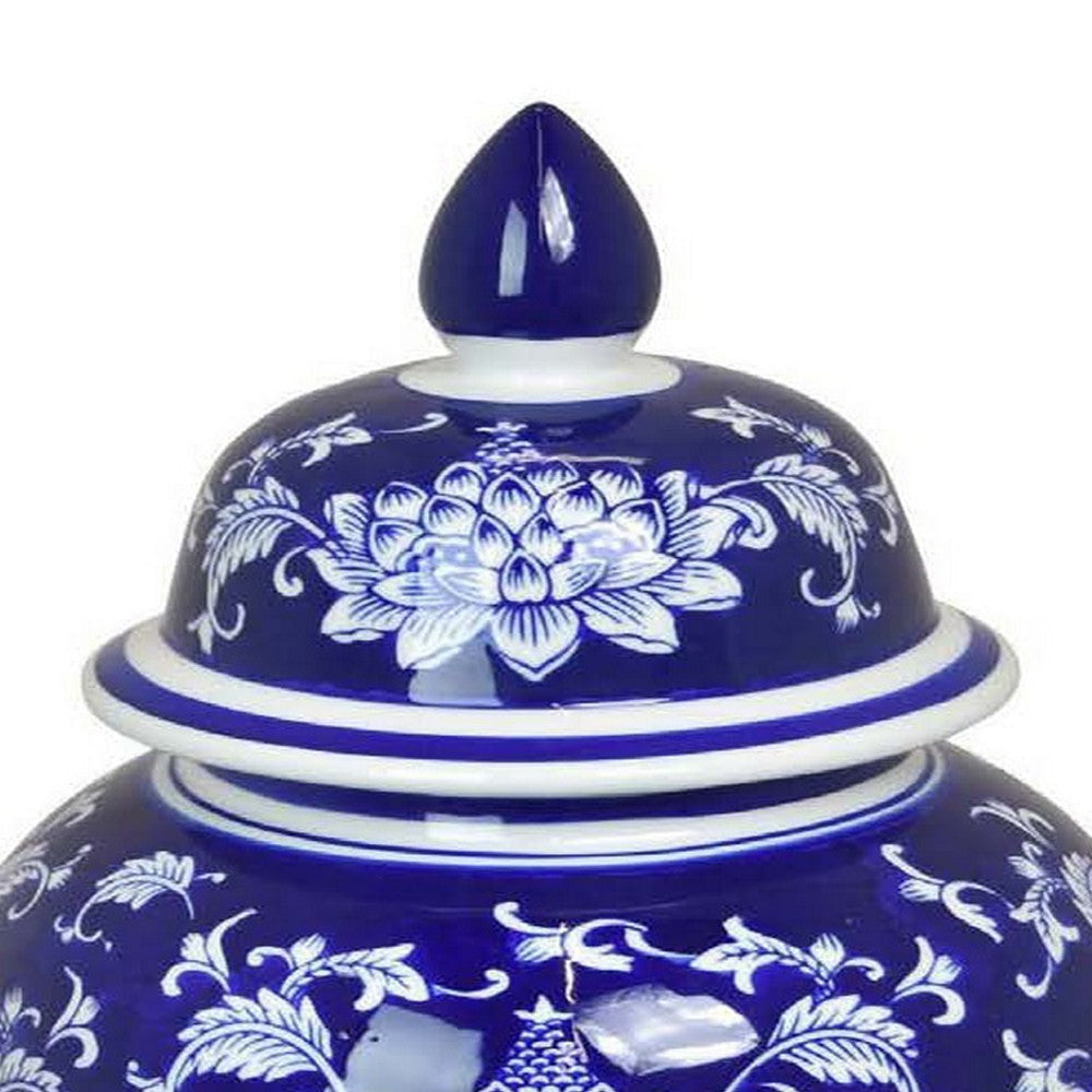 Sen 18 Inch Ceramic Temple Jar with Lid Blue and White Flower Design By Casagear Home BM312580