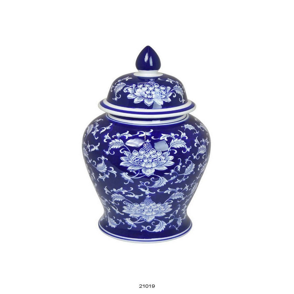 Sen 18 Inch Ceramic Temple Jar with Lid Blue and White Flower Design By Casagear Home BM312580