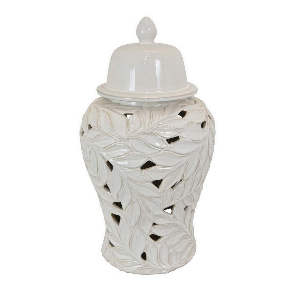 Heni 19 Inch Ceramic Temple Jar with Lid Cut Out Leaf Motifs White Finish By Casagear Home BM312582