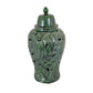 Heni 19 Inch Ceramic Temple Jar with Lid Cut Out Leaf Motifs Green Finish By Casagear Home BM312583