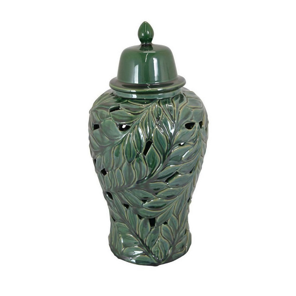 Heni 19 Inch Ceramic Temple Jar with Lid Cut Out Leaf Motifs Green Finish By Casagear Home BM312583