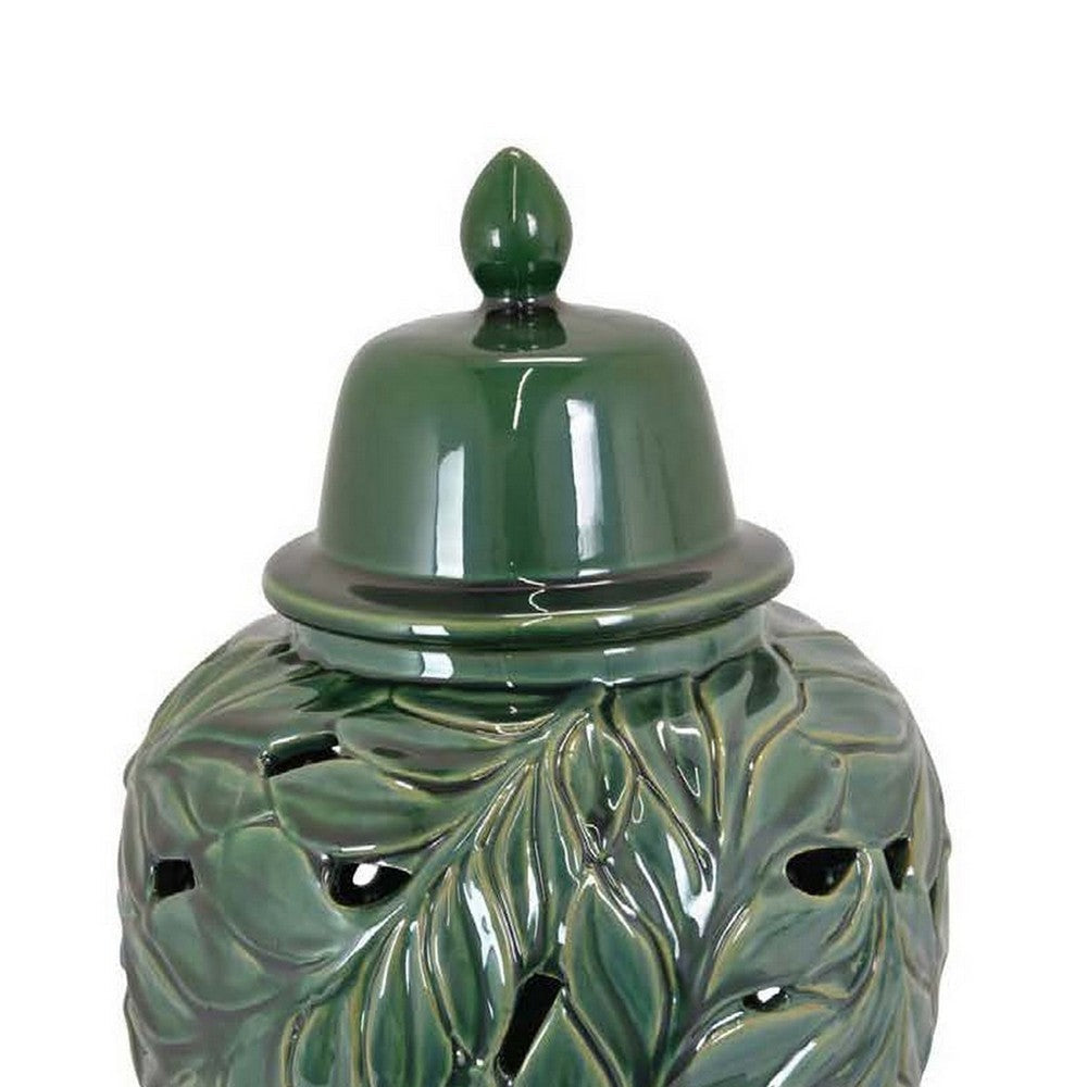 Heni 19 Inch Ceramic Temple Jar with Lid Cut Out Leaf Motifs Green Finish By Casagear Home BM312583