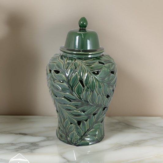 Heni 19 Inch Ceramic Temple Jar with Lid, Cut Out Leaf Motifs, Green Finish By Casagear Home