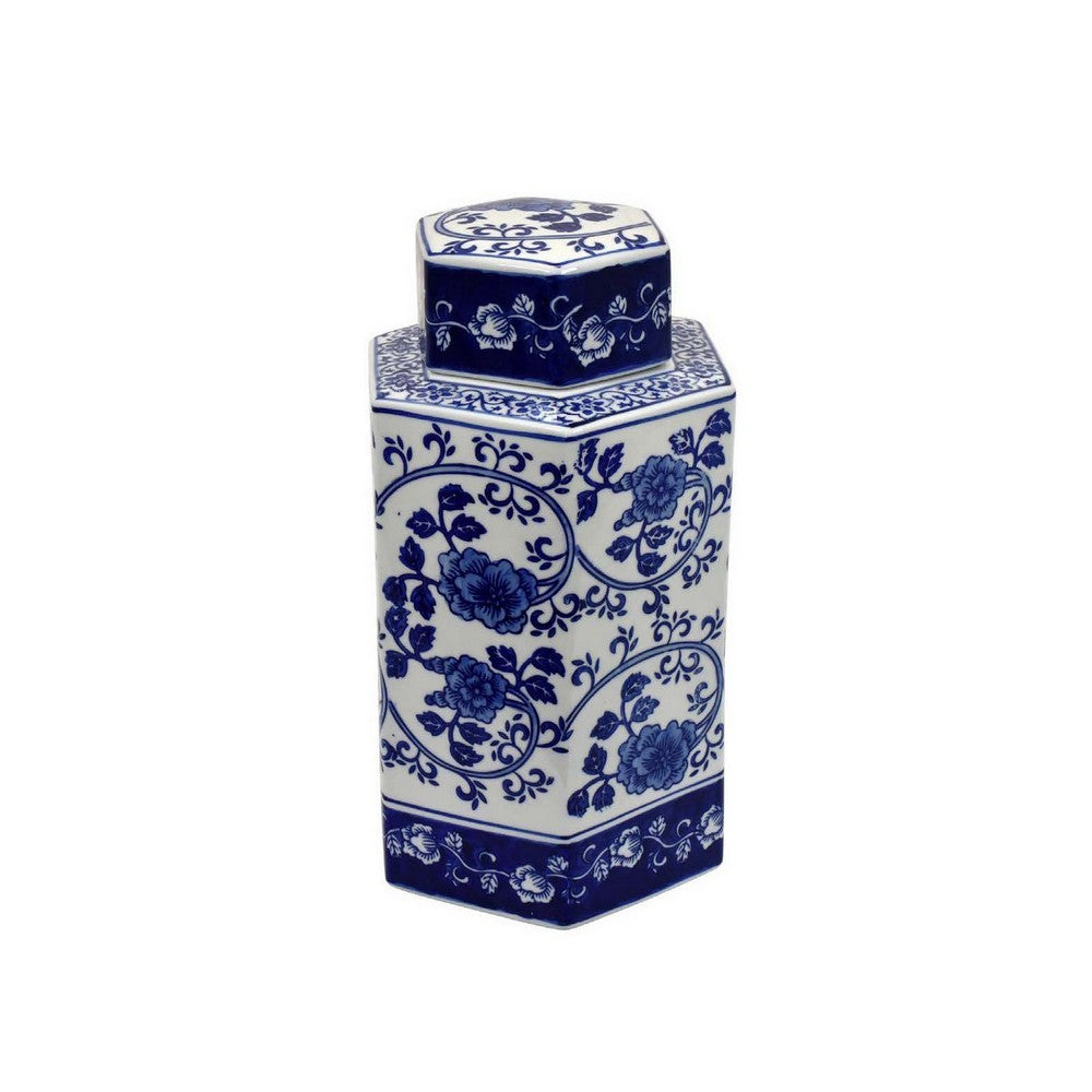 13 Inch Ceramic Ginger Jar with Lid Intricate Floral Blue and White By Casagear Home BM312603