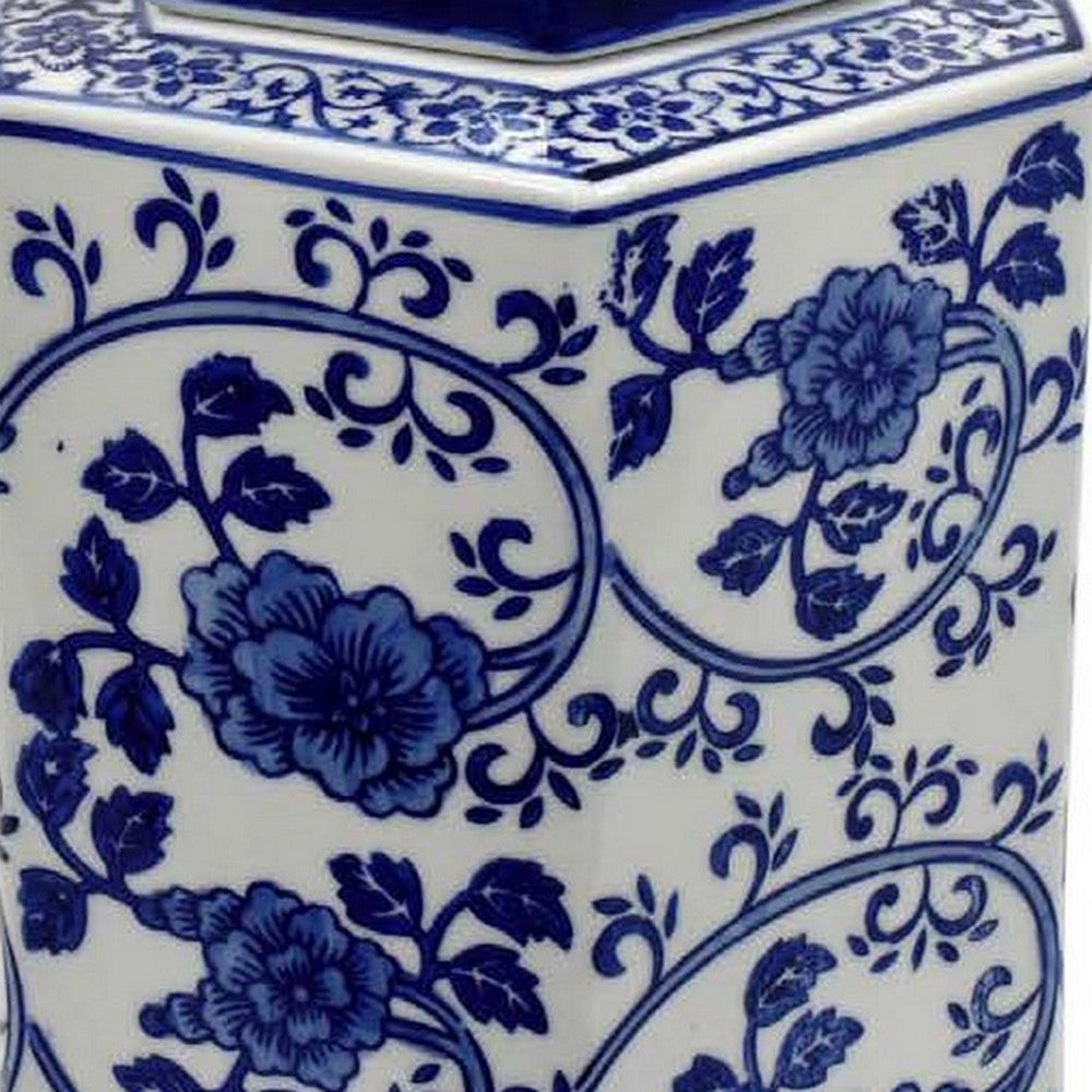 13 Inch Ceramic Ginger Jar with Lid Intricate Floral Blue and White By Casagear Home BM312603