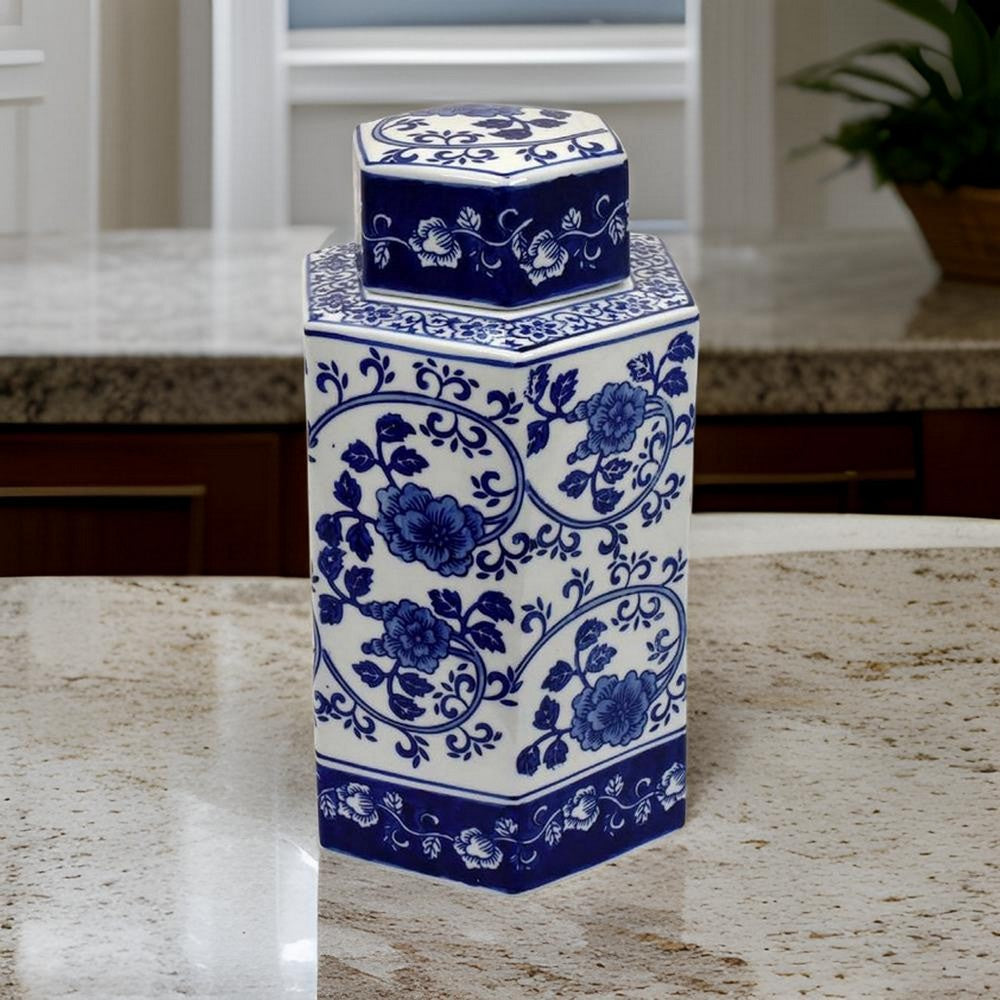 13 Inch Ceramic Ginger Jar with Lid, Intricate Floral Blue and White By Casagear Home