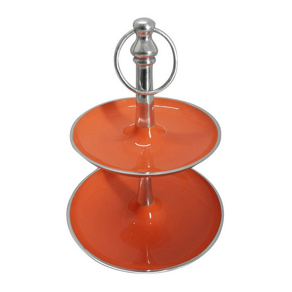 Lio 12 Inch 2 Tier Serving Tray Orange Round Plate Silver Aluminum Finish By Casagear Home BM312610