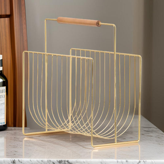 Raina 15 Inch Decorative Magazine Rack, Curved Stack, Gold Finished Iron By Casagear Home