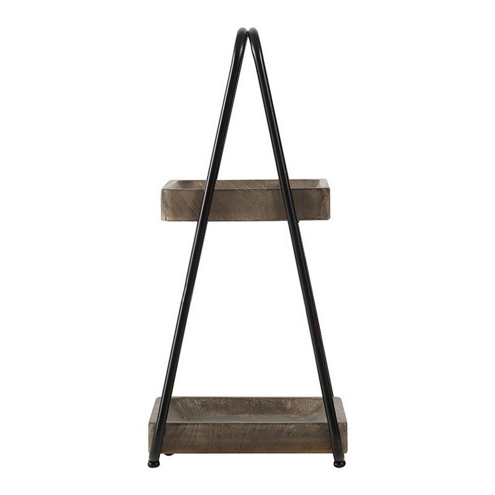 Nick 19 Inch 2 Tier Decorative Tray Stand Black Iron Frame Gray Wood By Casagear Home BM312617