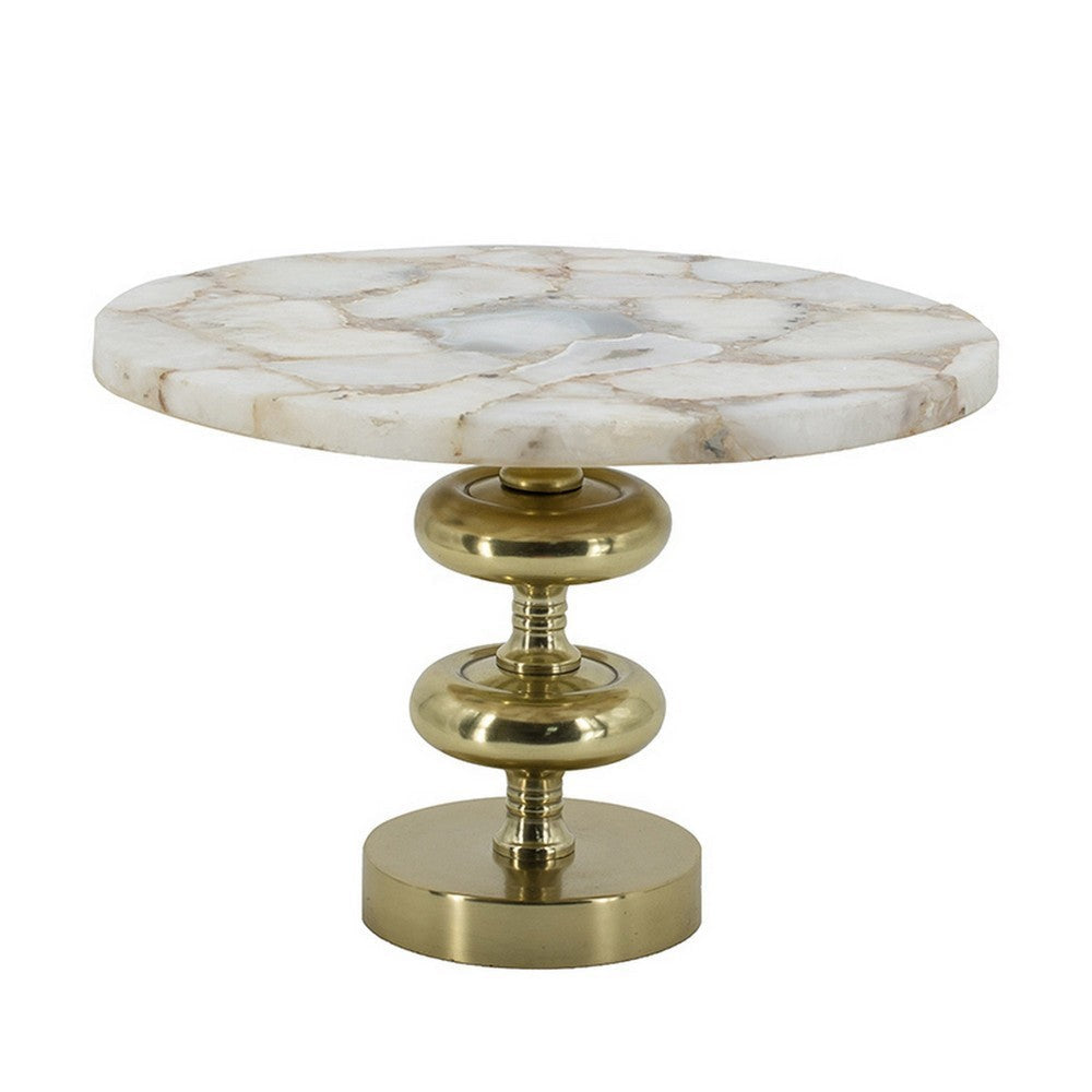 Avi 14 Inch Cake Stand, Agate Round Top, Classic Gold Aluminum Pedestal By Casagear Home