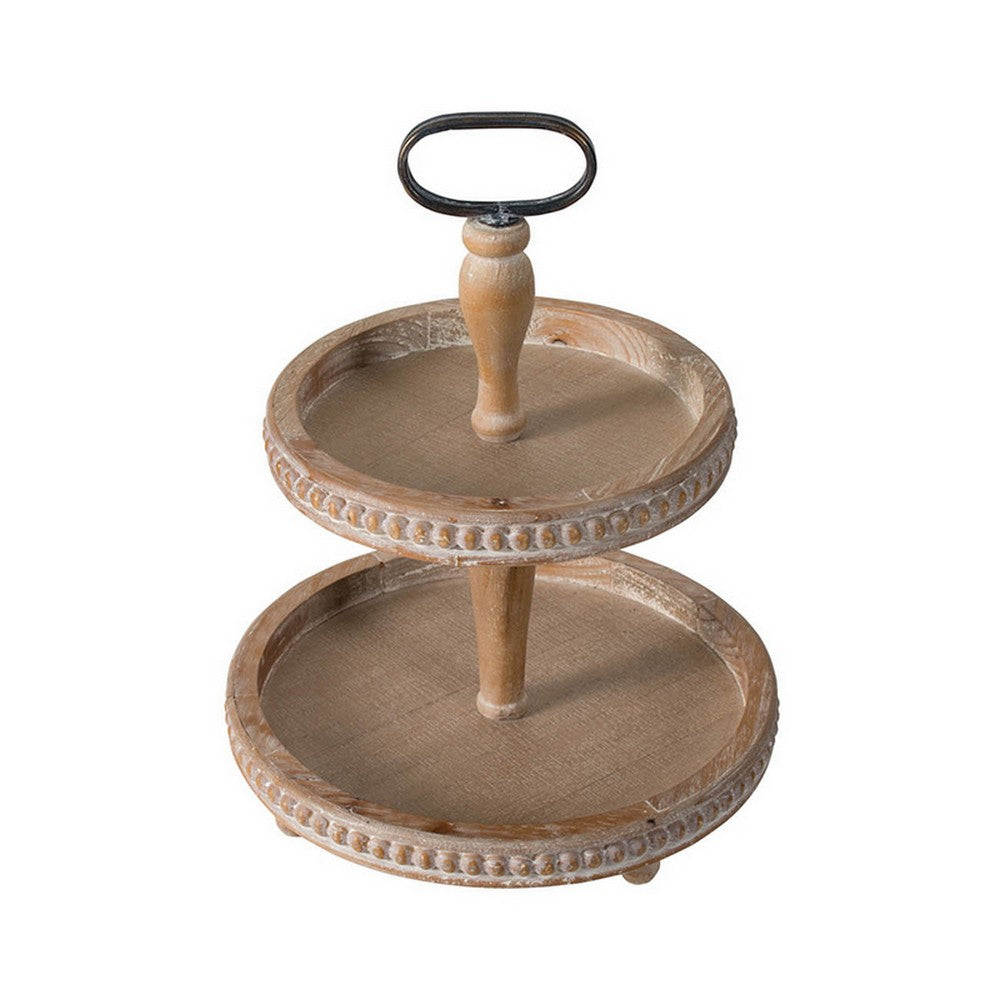 Mike 17 Inch 2 Tier Round Serving Tray Handle Beaded Trim Brown Wood By Casagear Home BM312622