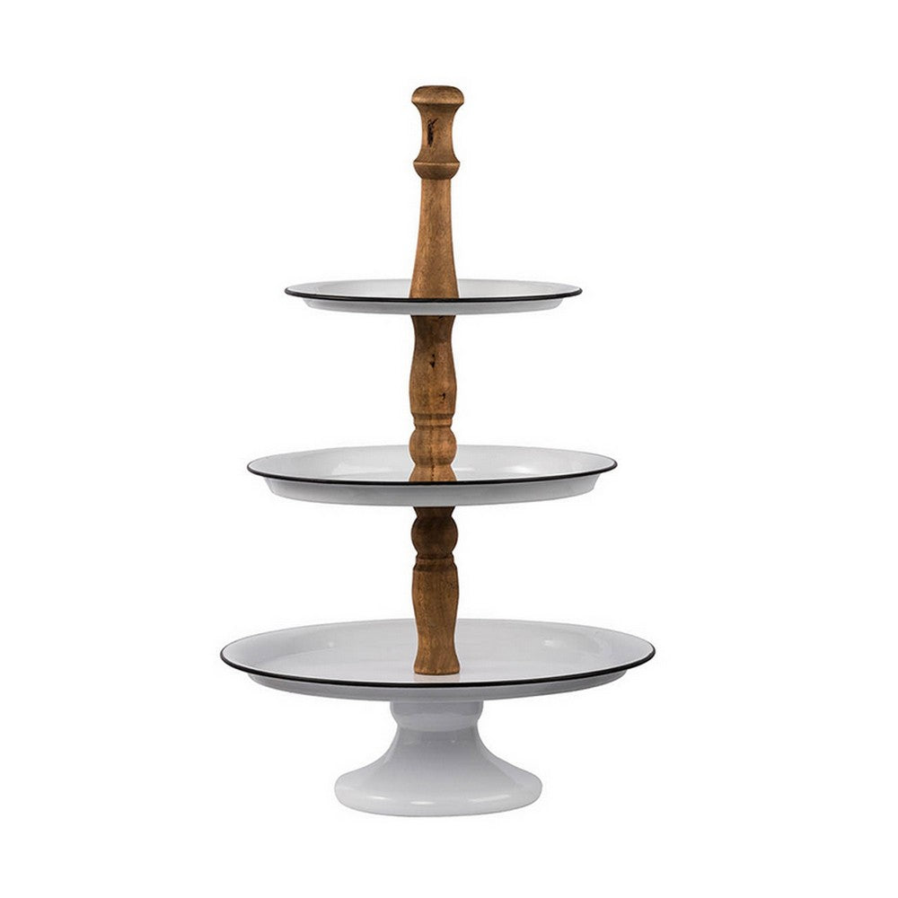 Mlyn 24 Inch 3 Tier Serving Tray Round Metal Base White Brown and Black By Casagear Home BM312623