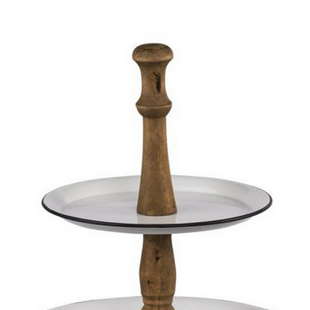 Mlyn 24 Inch 3 Tier Serving Tray Round Metal Base White Brown and Black By Casagear Home BM312623