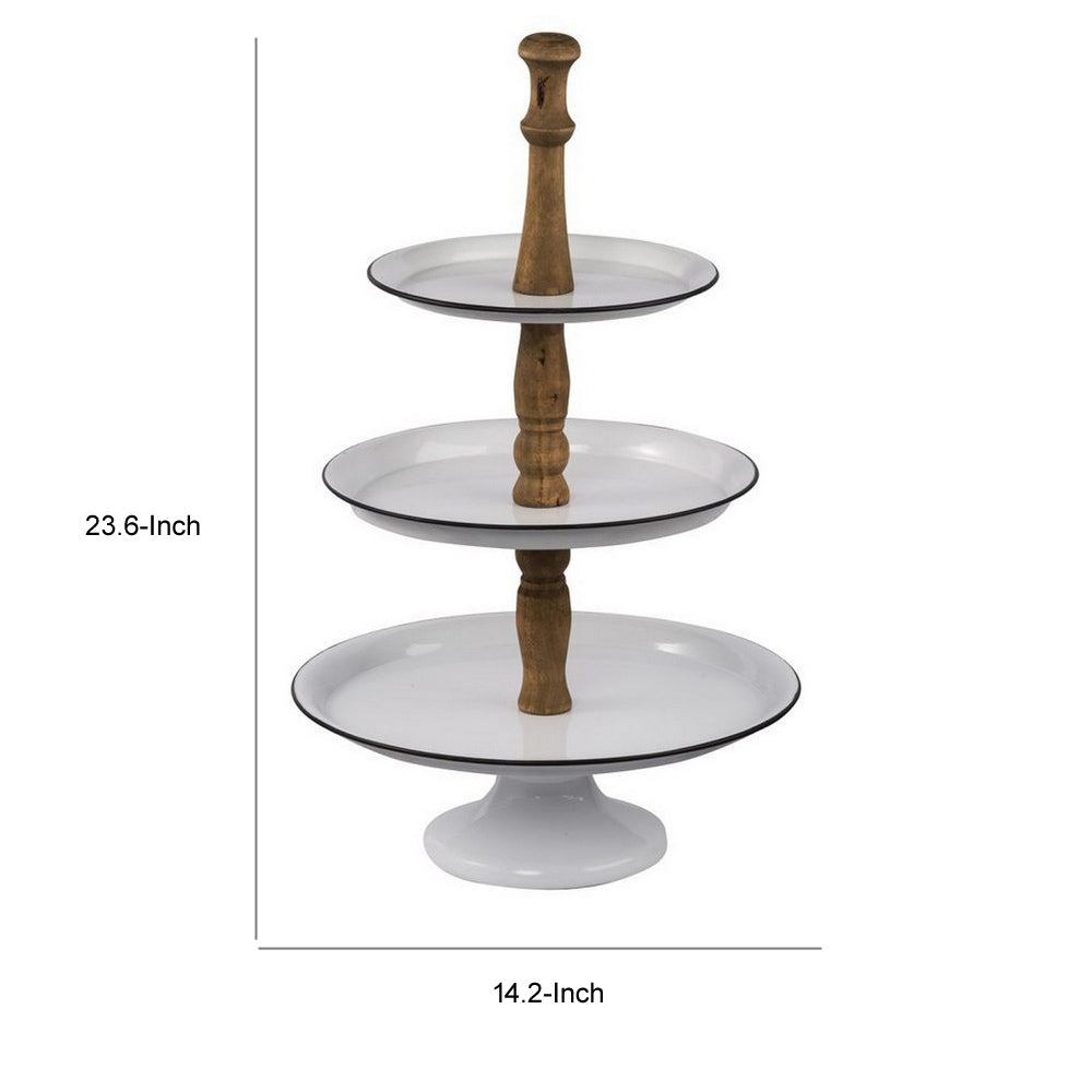 Mlyn 24 Inch 3 Tier Serving Tray Round Metal Base White Brown and Black By Casagear Home BM312623