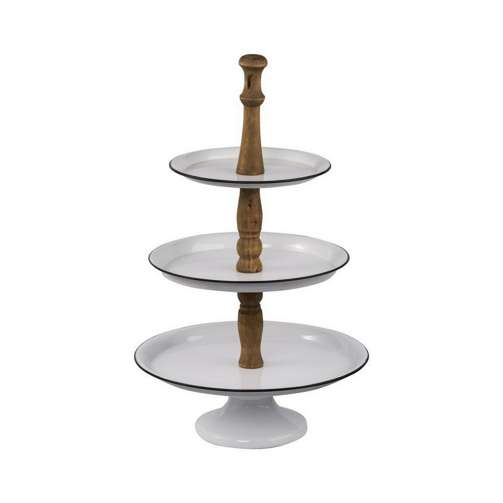 Mlyn 24 Inch 3 Tier Serving Tray Round Metal Base White Brown and Black By Casagear Home BM312623