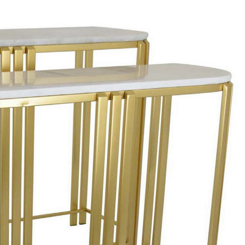 Set of 2 Accent Nesting Tables Marble Top Sleek Modern Gold Metal Frame By Casagear Home BM312631