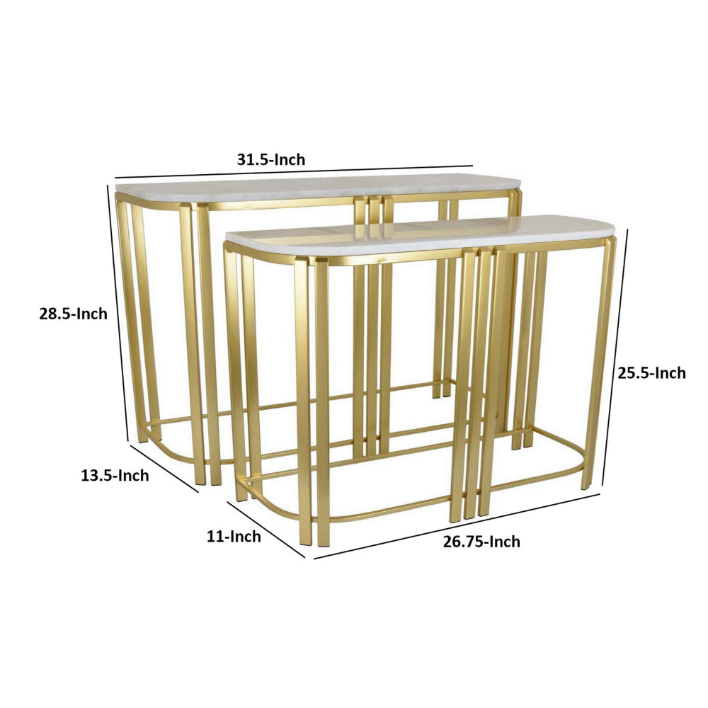 Set of 2 Accent Nesting Tables Marble Top Sleek Modern Gold Metal Frame By Casagear Home BM312631