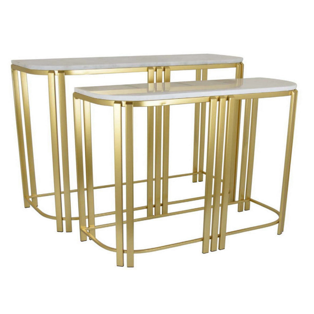 Set of 2 Accent Nesting Tables, Marble Top, Sleek Modern Gold Metal Frame By Casagear Home