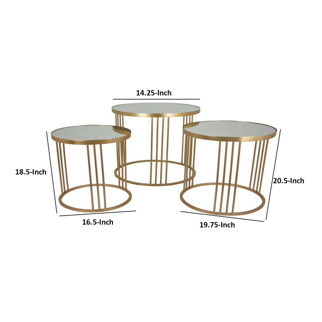 Set of 3 Accent Nesting Tables Round Mirrored Top Modern Gold Metal By Casagear Home BM312644