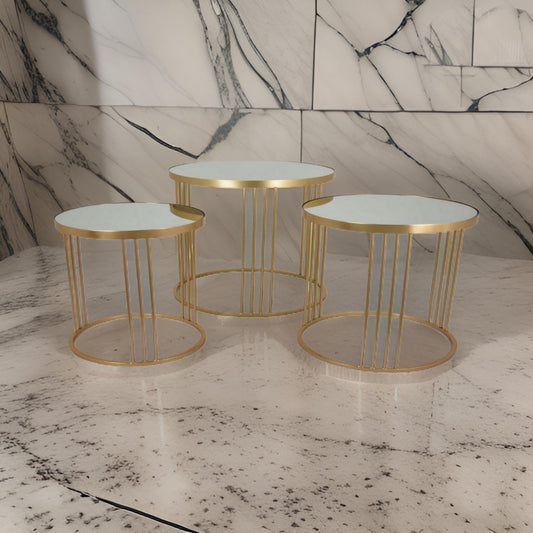 Set of 3 Accent Nesting Tables, Round Mirrored Top, Modern Gold Metal By Casagear Home