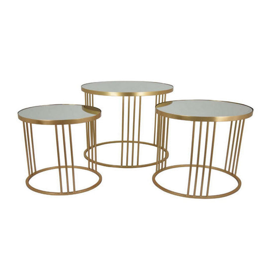 Set of 3 Accent Nesting Tables, Round Mirrored Top, Modern Gold Metal By Casagear Home