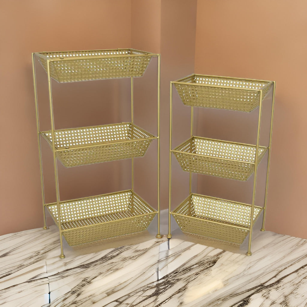 Set of 2 Standing Storage Units, 3 Shelves, Mesh Design, Gold Metal By Casagear Home