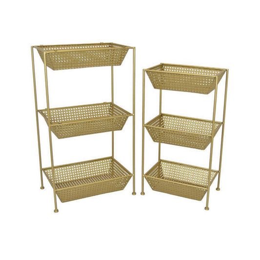 Set of 2 Standing Storage Units, 3 Shelves, Mesh Design, Gold Metal By Casagear Home